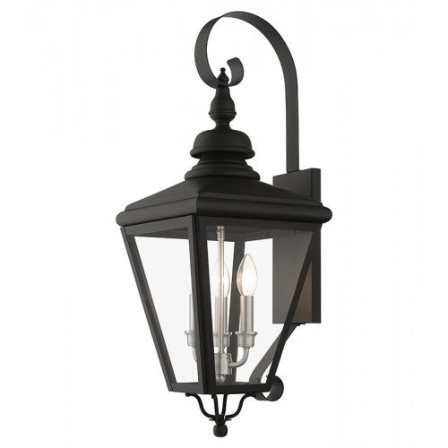 ##Antique Hardware## 3 Light Black Outdoor Large Wall Lantern with Brushed Nickel Finish Cluster
