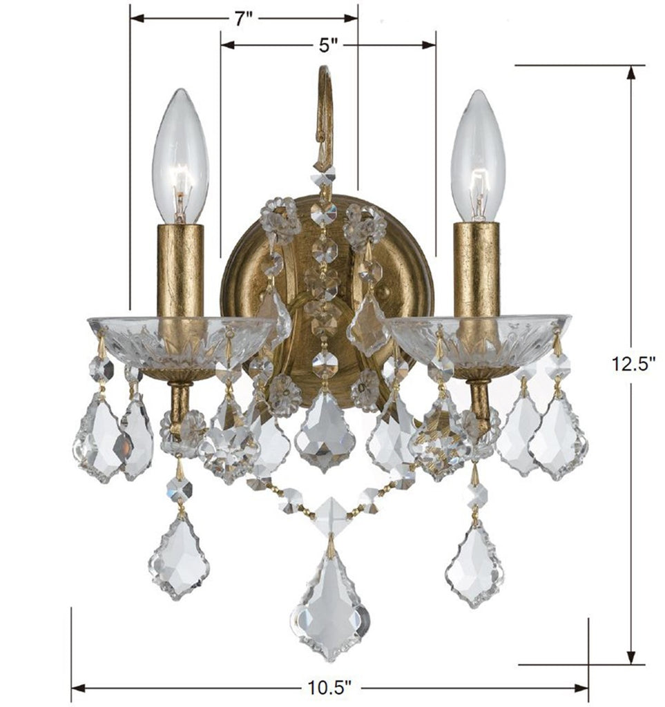 ##Antique Hardware## Filmore 2 Light Swarovski Strass Crystal Antique Gold Sconce