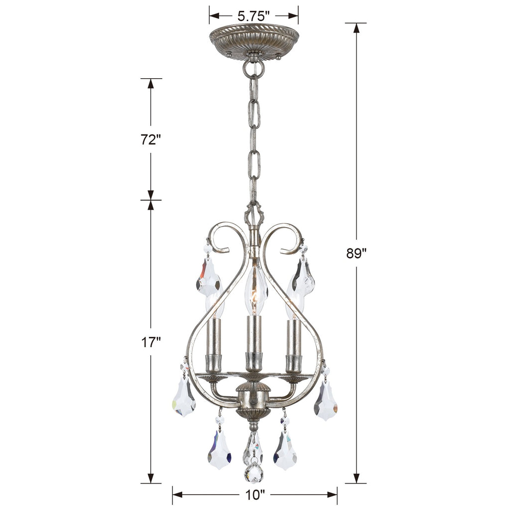 ##Antique Hardware## Ashton 3 Light Swarovski Strass Crystal Olde Silver Mini Chandelier