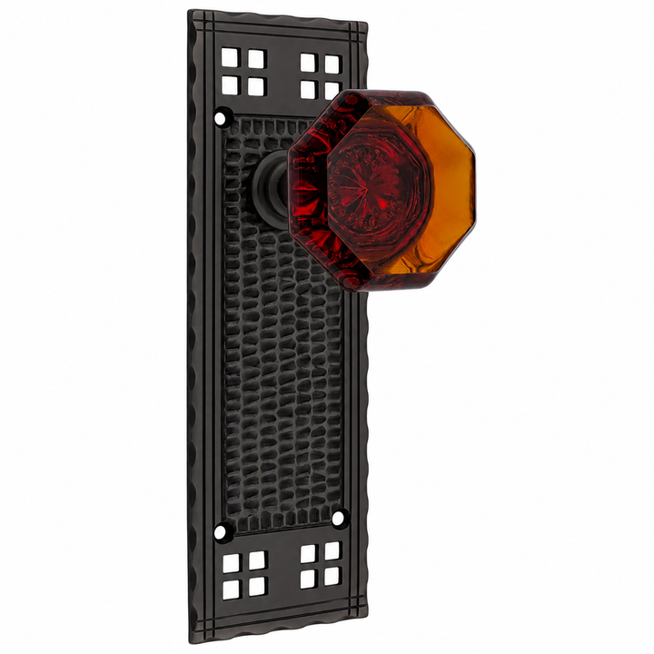 Traditional™ Arts & Crafts Backplate Door Set with Octagon Amber Glass Door Knobs (Black Bronze)