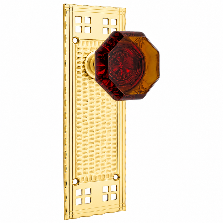 Traditional™ Arts & Crafts Backplate Door Set with Octagon Amber Glass Door Knobs (Black Bronze)
