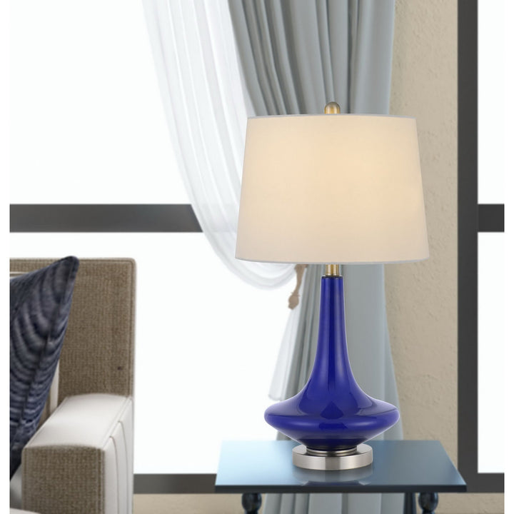 ##Antique Hardware## 100W KLEVE GLASS TABLE LAMP WITH TAPER DRUM HARDBACK LINEN SHADE (PRICED AND SOLD AS PAIRS)