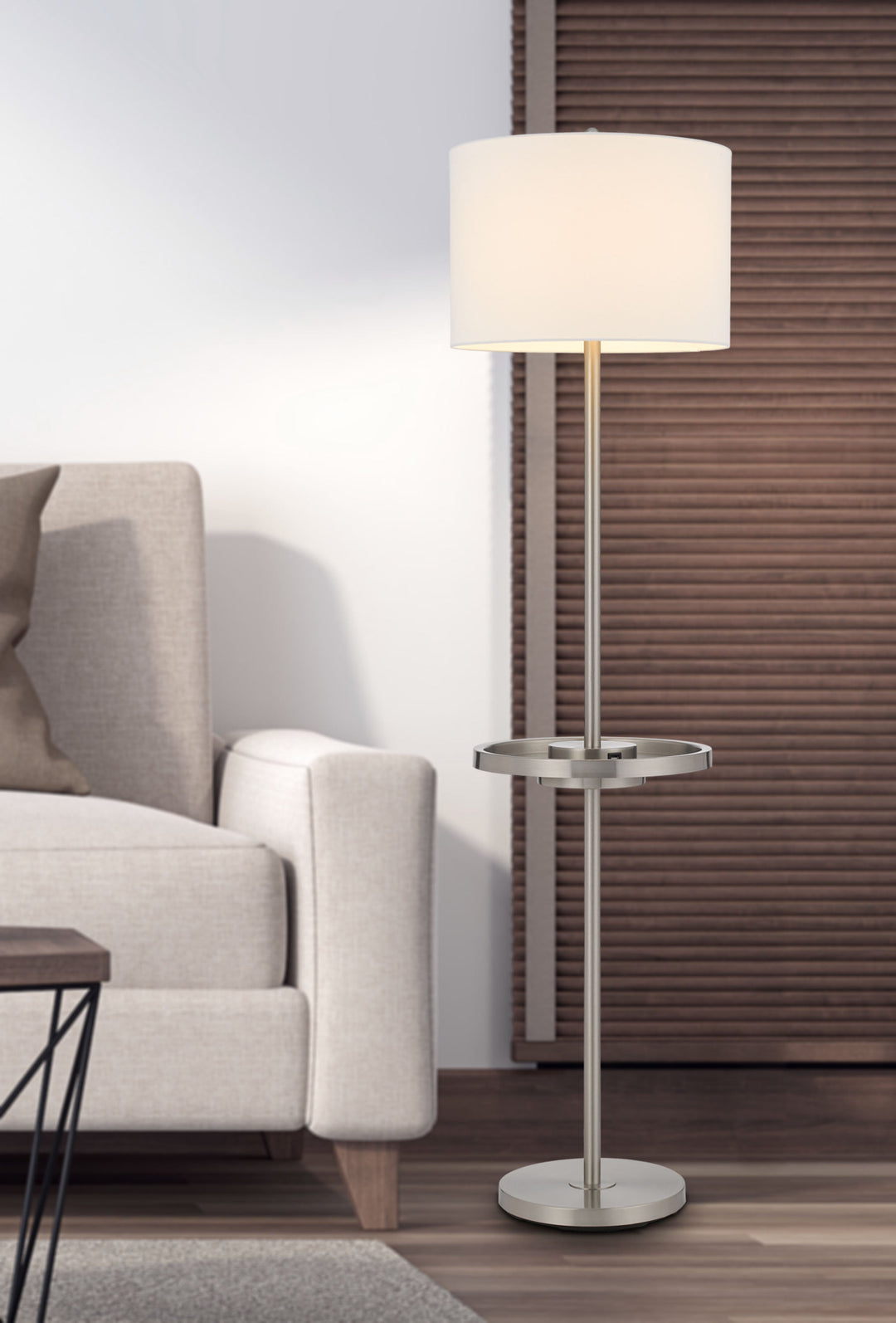 ##Antique Hardware## CROFTON METAL FLOOR LAMP WITH METAL TRAY TABLE AND 2 USB CHARGING PORTS AND A WEIGHT BASE.