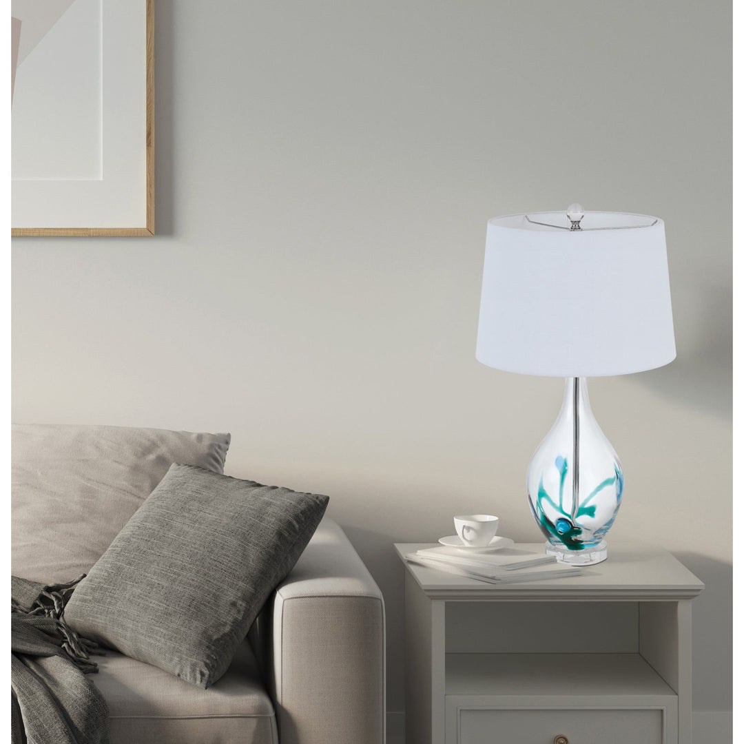 ##Antique Hardware## 150W 3 WAY HARLAN GLASS TABLE LAMP WITH HARDBACK TAPER DRUM FABRIC SHADE