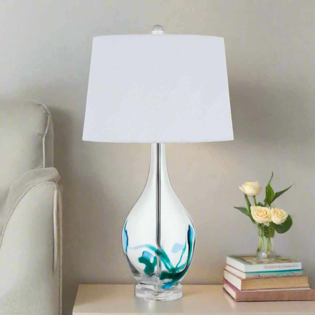 ##Antique Hardware## 150W 3 WAY HARLAN GLASS TABLE LAMP WITH HARDBACK TAPER DRUM FABRIC SHADE