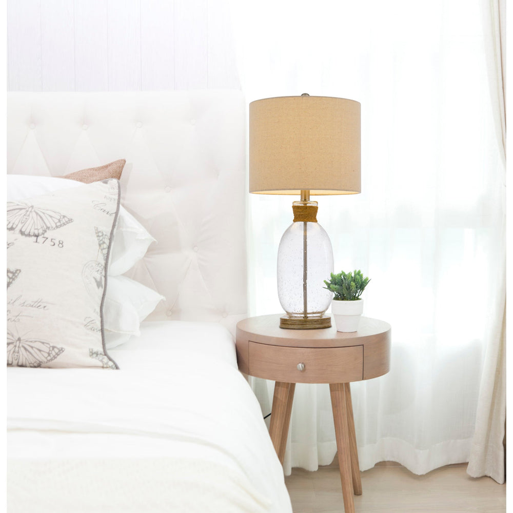 ##Antique Hardware## 150W 3 WAY SEYMOUR BUBBLED GLASS TABLE LAMP WITH RESIN BASE AND HARDBACK DRUM LINEN SHADE