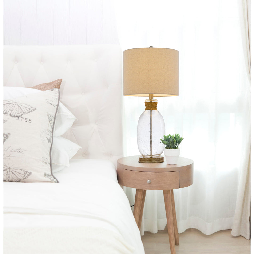 ##Antique Hardware## 150W 3 WAY SEYMOUR BUBBLED GLASS TABLE LAMP WITH RESIN BASE AND HARDBACK DRUM LINEN SHADE