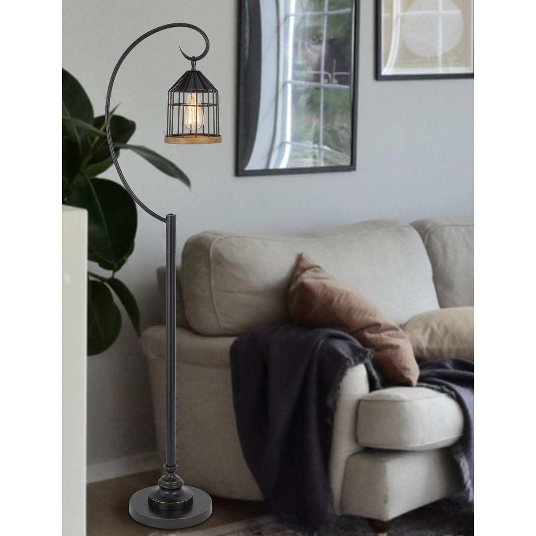 ##Antique Hardware## 60W VALPARAISO DOWNBRIDGE METAL FLOOR LAMP WITH LANTERN STYLE METAL AND PINE WOOD SHADE