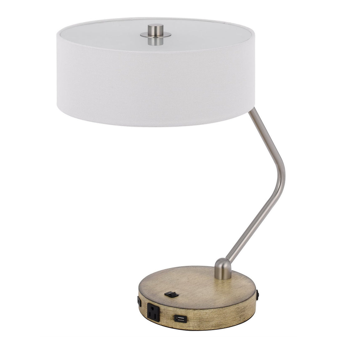 Antique Hardware 60W X 2 MARCOS METAL DESK LAMP WITH DRUM FABRIC SHADE AND 1 USB AND 1 TYPE C USB CHARGING PORT WITH RUBBER WOOD BASE Table Lamp