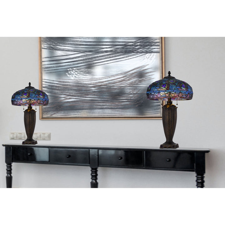 ##Antique Hardware## 60W X 2 METAL/RESIN TIFFANY TABLE LAMP WITH PULL CHAIN SWITCHES