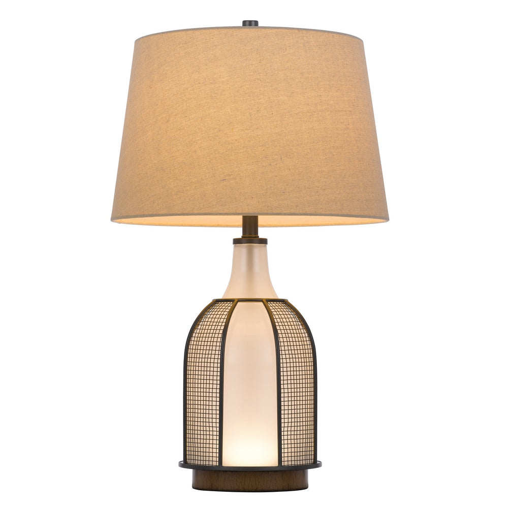 ##Antique Hardware## 100W MORGAN GLASS TABLE LAMP WITH A 2W LED NIGHT LIGHT, MESH GUARD DESIGN AND TAPER DRUM LINEN SHADE