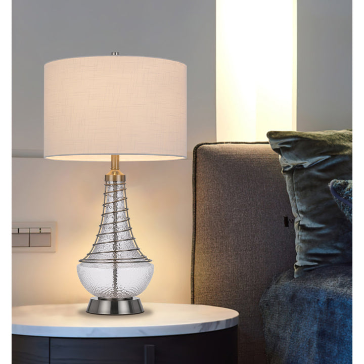 Antique Hardware 150W 3 WAY BARABOO GLASS TABLE LAMP WITH WIRE GUARD DESIGN AND DRUM FABRIC SHADE Table Lamp