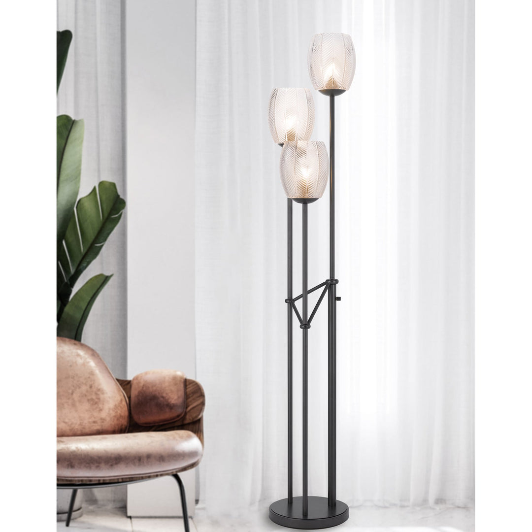 Antique Hardware 60W X 3 OCONTO METAL FLOOR LAMP WITH PATTERNED GLASS SHADES. Floor Lamp