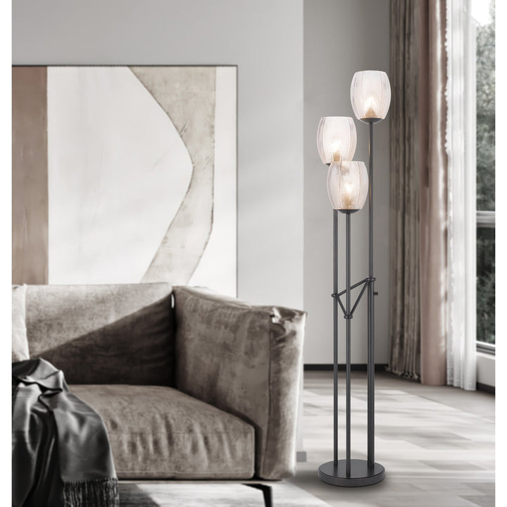 Antique Hardware 60W X 3 OCONTO METAL FLOOR LAMP WITH PATTERNED GLASS SHADES. Floor Lamp
