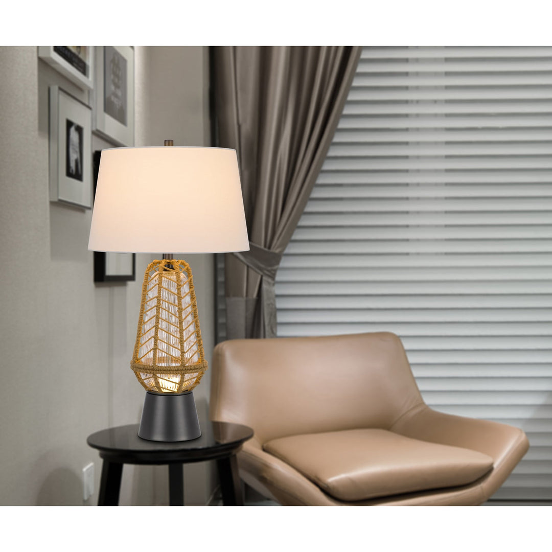 Antique Hardware HANKO 100W 3 WAY TABLE LAMP WITH 2W LED NIGHT LIGHT WITH BURLAP WRAPPED GLASS AND METAL BASE Table Lamp