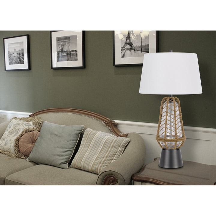 Antique Hardware HANKO 100W 3 WAY TABLE LAMP WITH 2W LED NIGHT LIGHT WITH BURLAP WRAPPED GLASS AND METAL BASE Table Lamp