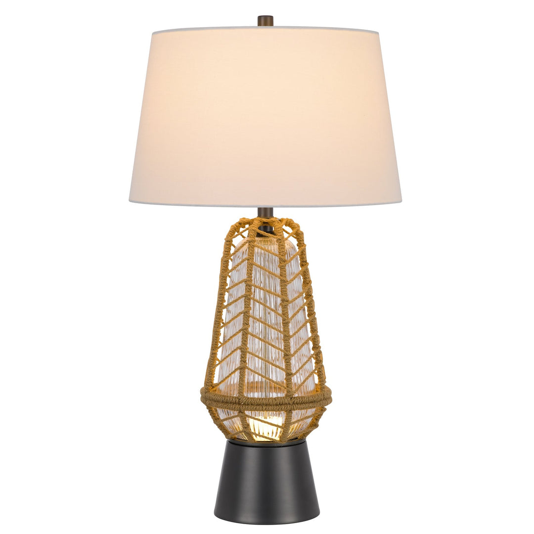 Antique Hardware HANKO 100W 3 WAY TABLE LAMP WITH 2W LED NIGHT LIGHT WITH BURLAP WRAPPED GLASS AND METAL BASE Table Lamp
