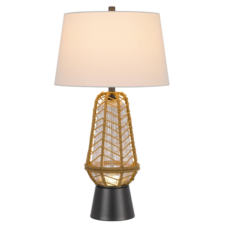 Antique Hardware HANKO 100W 3 WAY TABLE LAMP WITH 2W LED NIGHT LIGHT WITH BURLAP WRAPPED GLASS AND METAL BASE Table Lamp