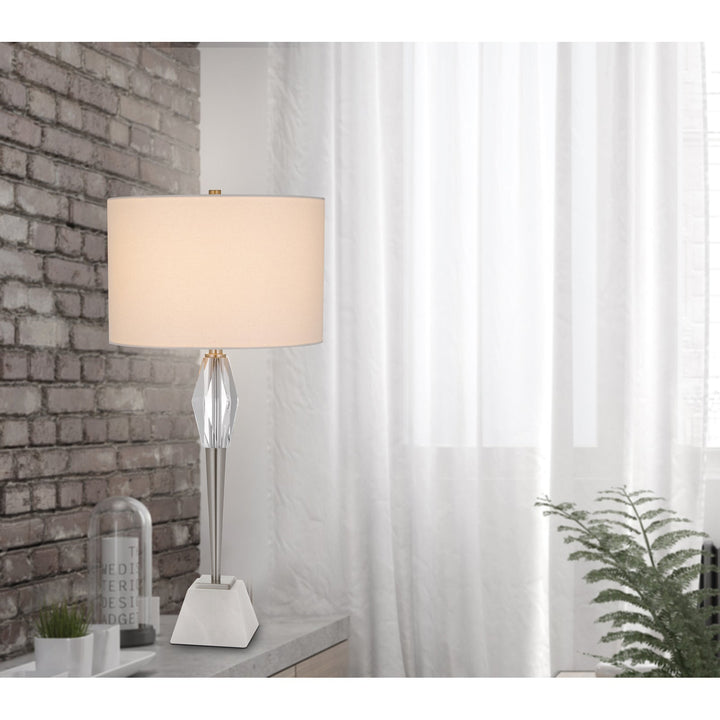 ##Antique Hardware## 150W 3 WAY ASSEN METAL TABLE LAMP WITH CRYSTAL FONT / MARBLE BASE AND DRUM HARDBACK FABRIC SHADE