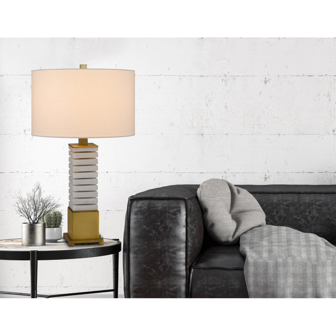 Antique Hardware 150W 3 WAY CRANBOURNE METAL/MARBLE TABLE LAMP WITH DRUM HARDBACK FABRIC SHADE Table Lamp
