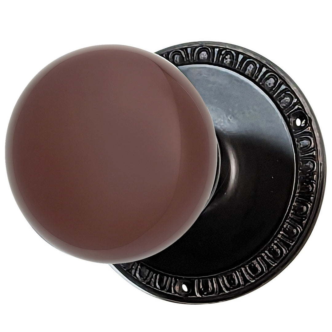 ##Antique Hardware## Egg & Dart Rosette Door Set with Brown Porcelain Door Knobs (Several Finishes Available)