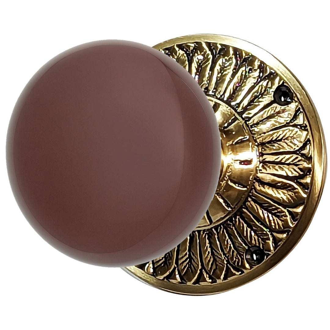 ##Antique Hardware## Brown Porcelain Door Knob with Brass Feathers Rosette