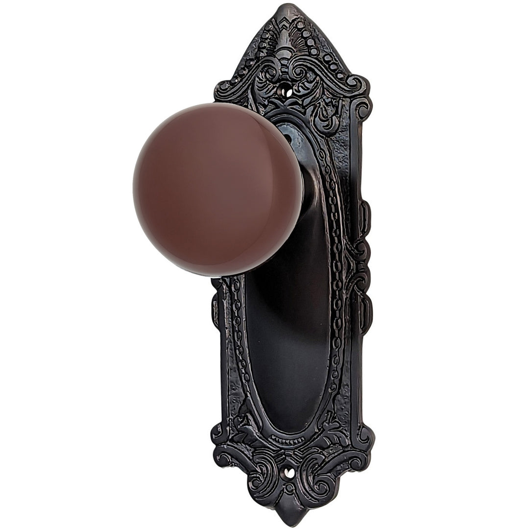 ##Antique Hardware## Brown Porcelain Door Knob Set with Largo Design Backplate