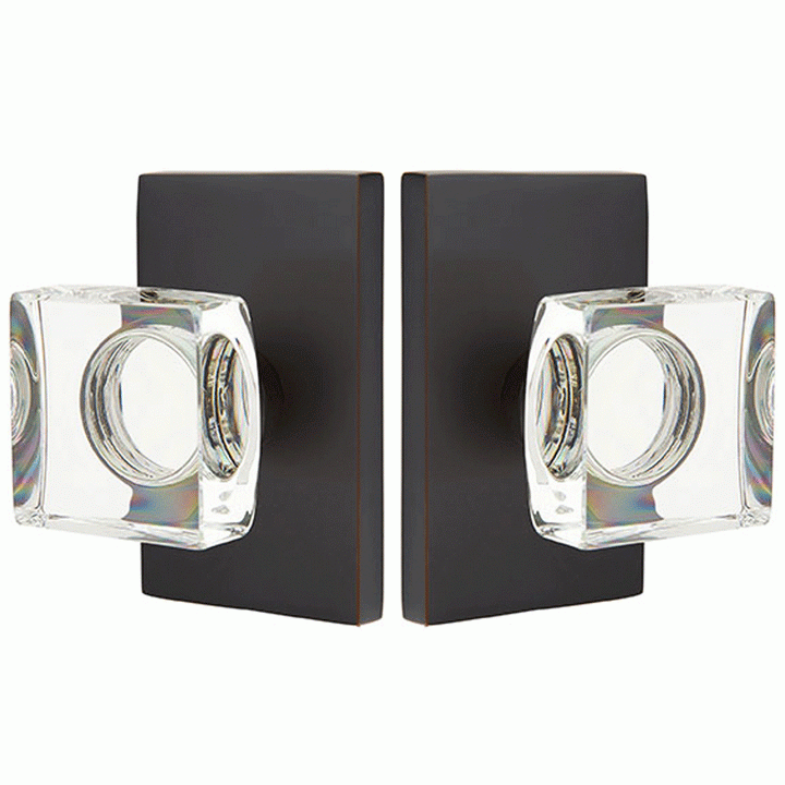 Antique Hardware Emtek Modern Square Crystal Door Knob Set With Modern Rectangular Rosette (Several Finish Options) EMTEK GLASS CRYSTAL MODERN SQUARE DOOR KNOB