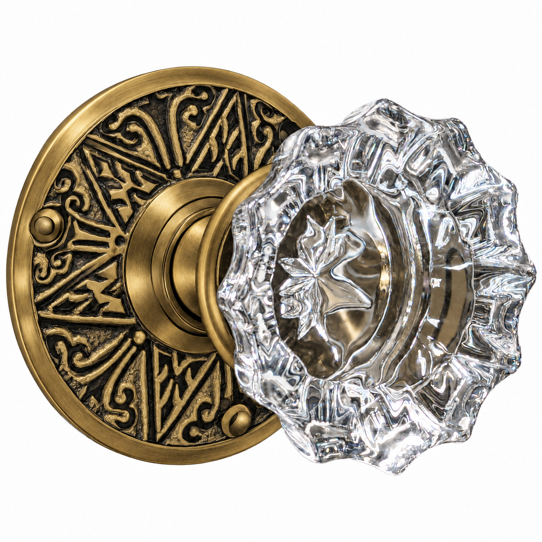 Traditional™ Eastlake Rosette Door Set with Fluted Crystal Door Knobs (Several Finishes Available)
