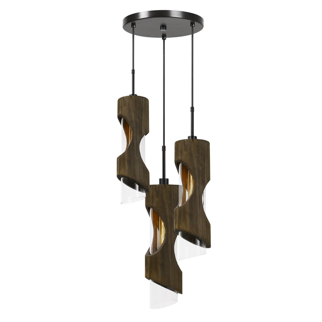 ##Antique Hardware## 60W X 3 ZAMORA 3 LIGHT WOOD PENDANT WITH CLEAR GLASS SHADE (EDISON BULBS NOT INCLUDED)