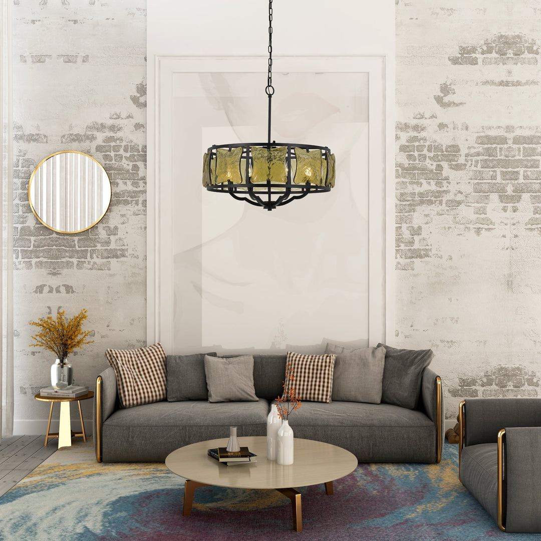 ##Antique Hardware## 60W X 6 REVENNA FORGED IRON CHANDELIER WITH HAND CRAFTED GLASS