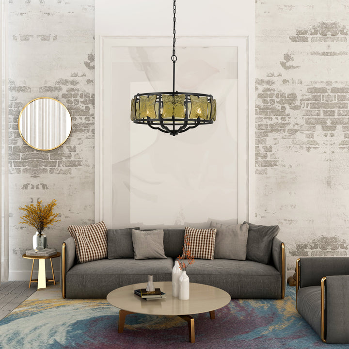 ##Antique Hardware## 60W X 6 REVENNA FORGED IRON CHANDELIER WITH HAND CRAFTED GLASS