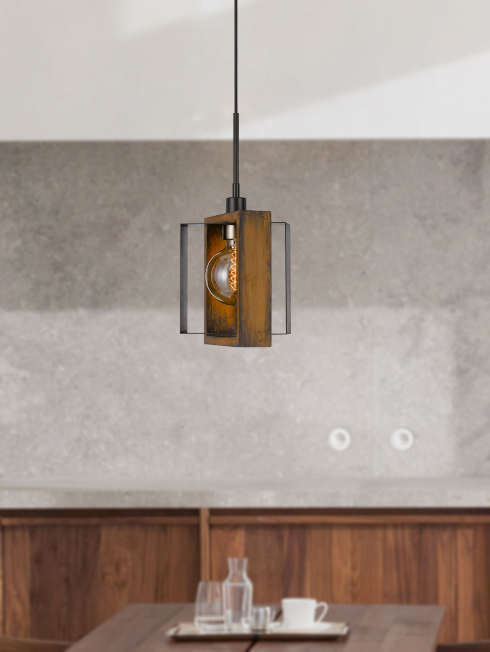 ##Antique Hardware## 60W AGRIGENTO PINE WOOD/METAL MINI PENDANT FIXTURE (EDISON BULB INCLUDED)