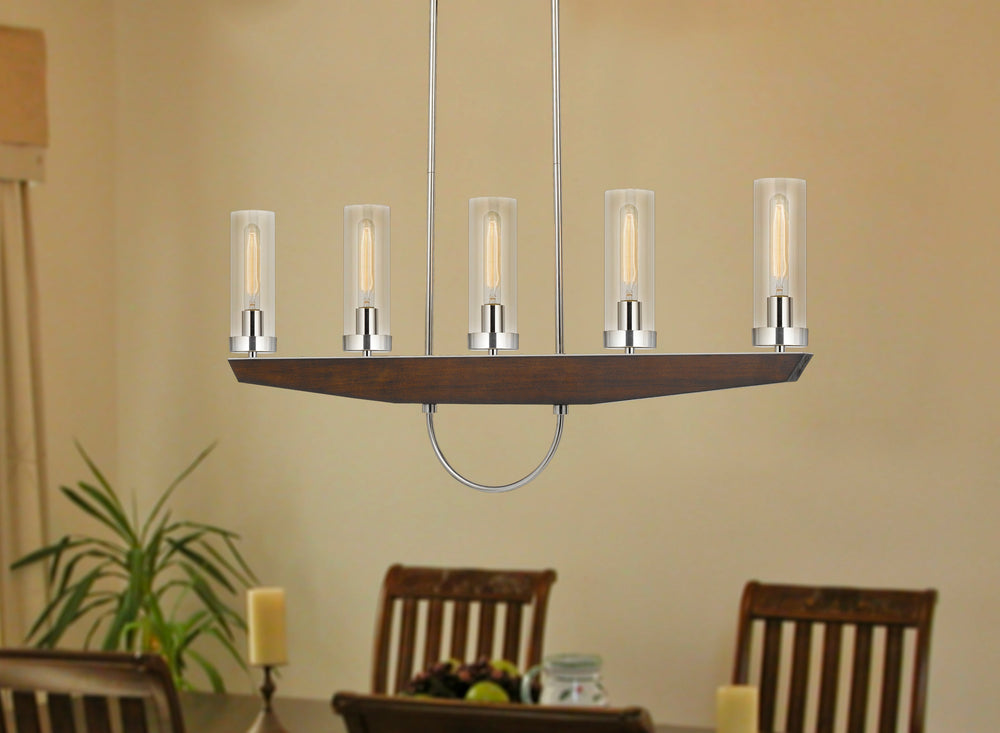 ##Antique Hardware## 60W X 5 ERCOLANO PINE WOOD/METAL ISLAND CHANDELIER WITH CLEAR GLASS SHADE (EDISON BULBS NOT INCLUDED)