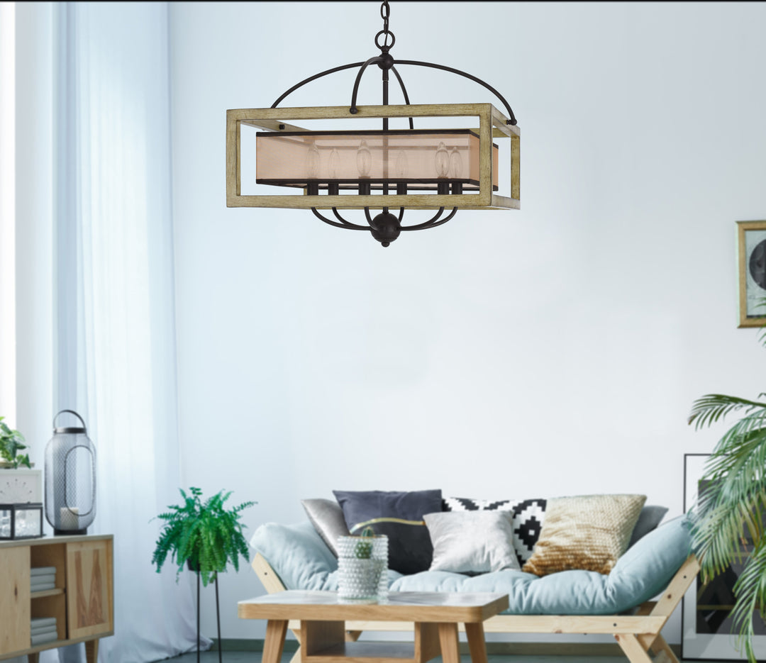 ##Antique Hardware## PALENCIA RUBBER WOOD SQUARE CHANDELIER WITH ORGANZA SHADE