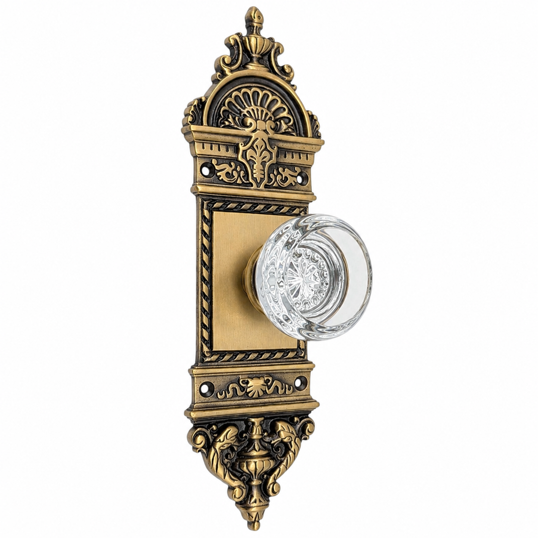 Traditional™ L'Enfant Small Backplate Door Set with Crystal Round Door Knobs (Several Finishes Available)