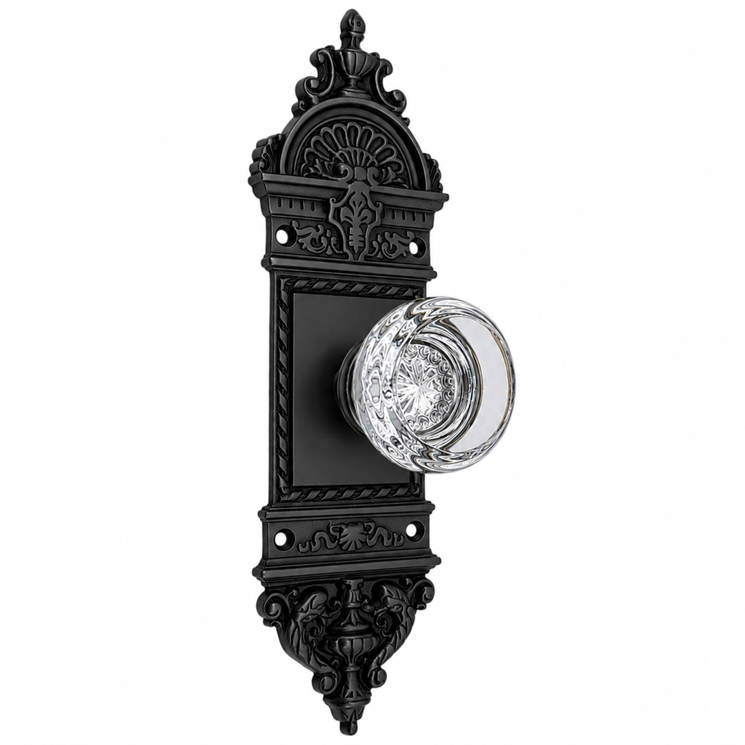 Traditional™ L'Enfant Small Backplate Door Set with Crystal Round Door Knobs (Several Finishes Available)