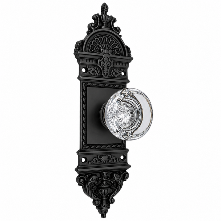 Traditional™ L'Enfant Small Backplate Door Set with Crystal Round Door Knobs (Several Finishes Available)