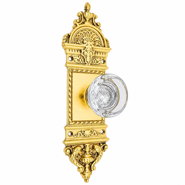 Traditional™ L'Enfant Small Backplate Door Set with Crystal Round Door Knobs (Several Finishes Available)