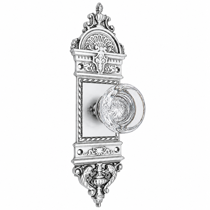 Traditional™ L'Enfant Small Backplate Door Set with Crystal Round Door Knobs (Several Finishes Available)