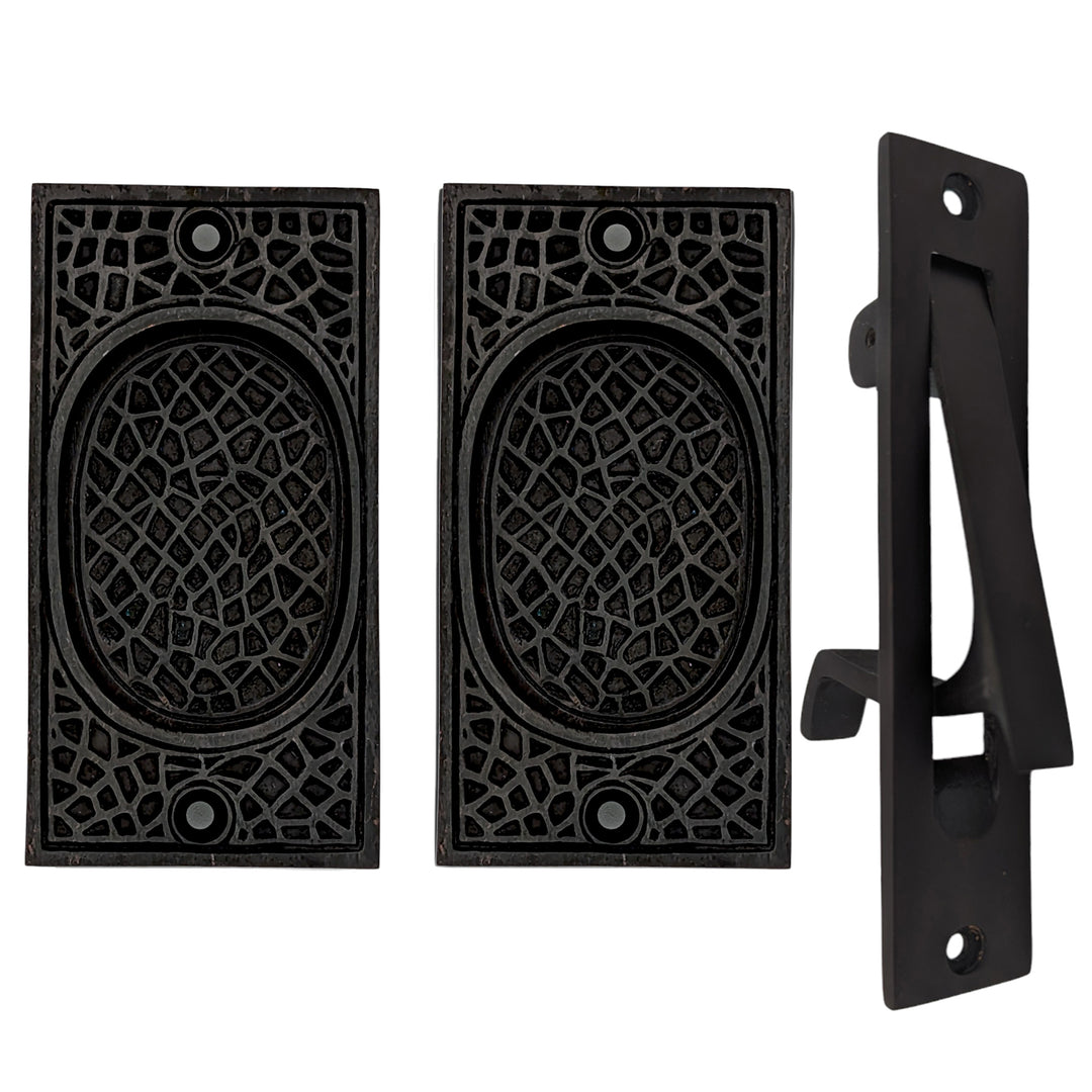 ##Antique Hardware## Arts & Crafts Pattern Pocket Door Set (Several Finishes Available)