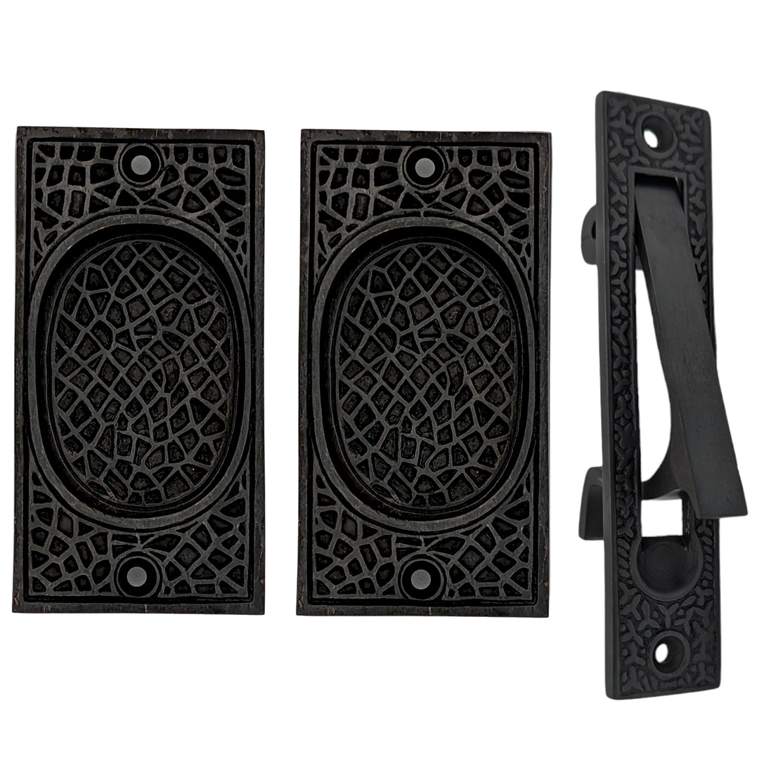 ##Antique Hardware## Arts & Crafts Pattern Pocket Door Set (Several Finishes Available)