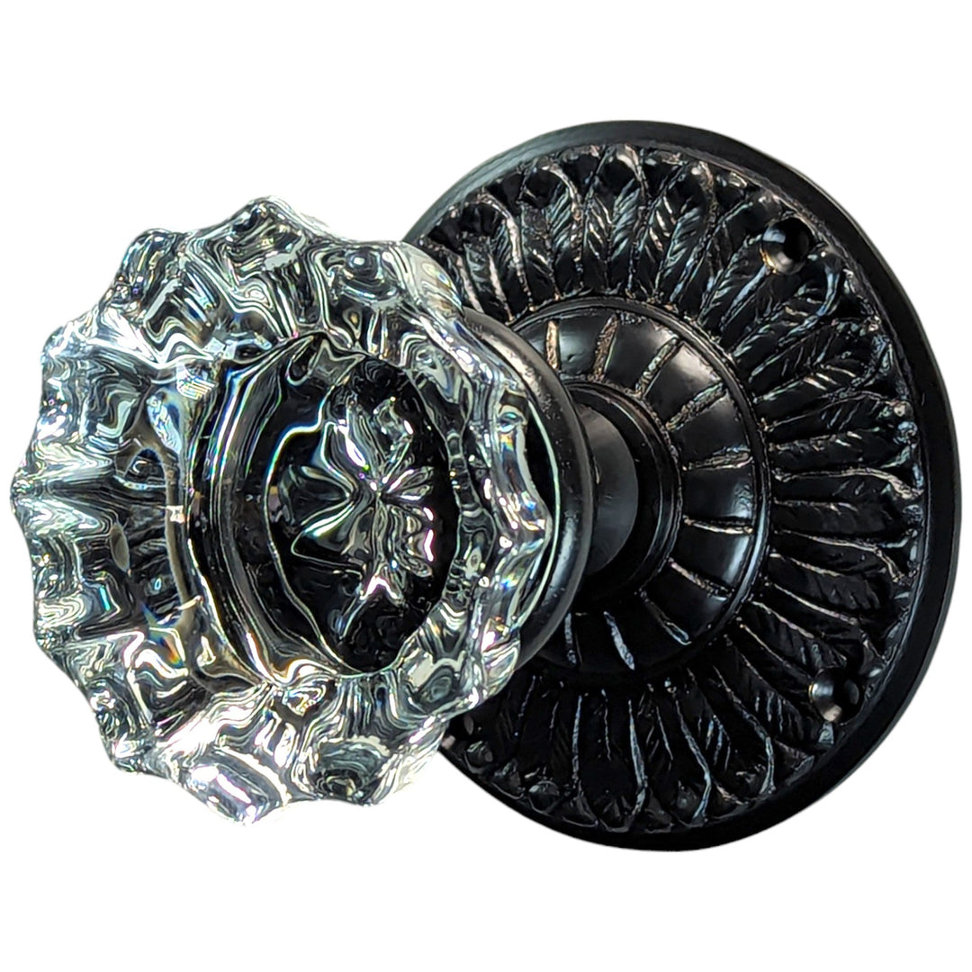 ##Antique Hardware## Feather Rosette Door Set with Fluted Crystal Door Knobs (Several Finishes Available)