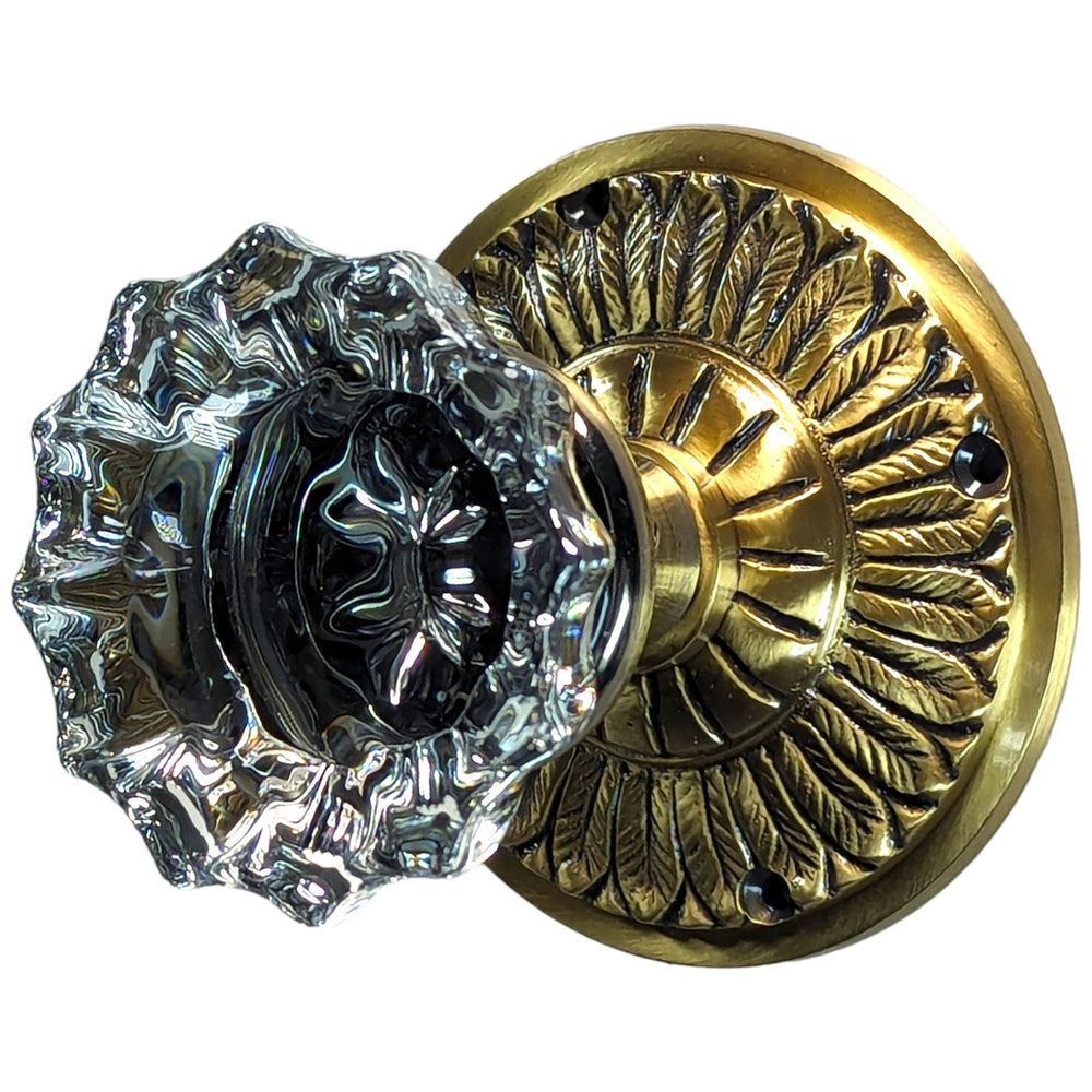 ##Antique Hardware## Feather Rosette Door Set with Fluted Crystal Door Knobs (Several Finishes Available)