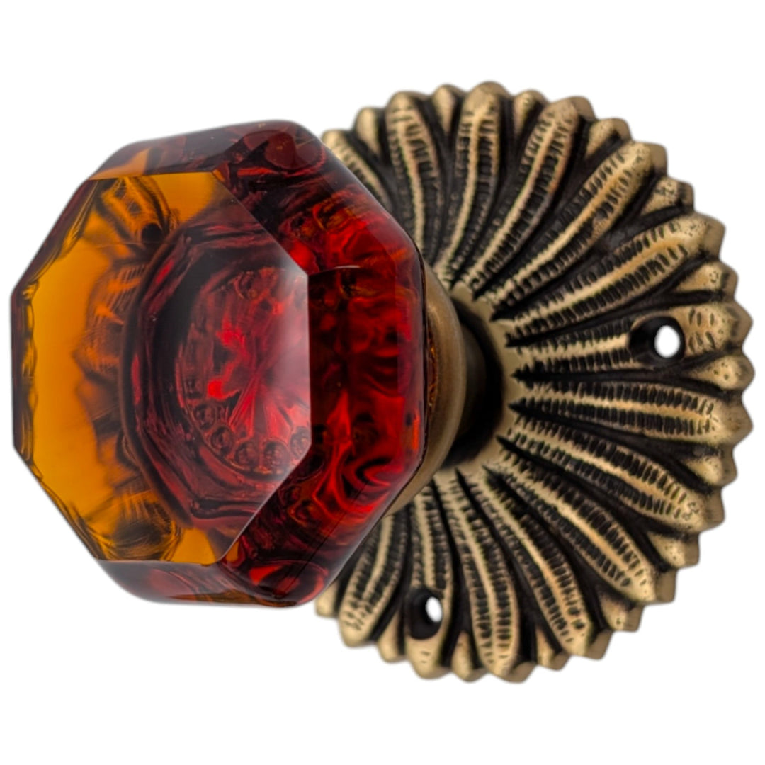 ##Antique Hardware## French Provincial Rosette Door Set with Amber Glass Octagon Door Knobs (Several Finishes Available)
