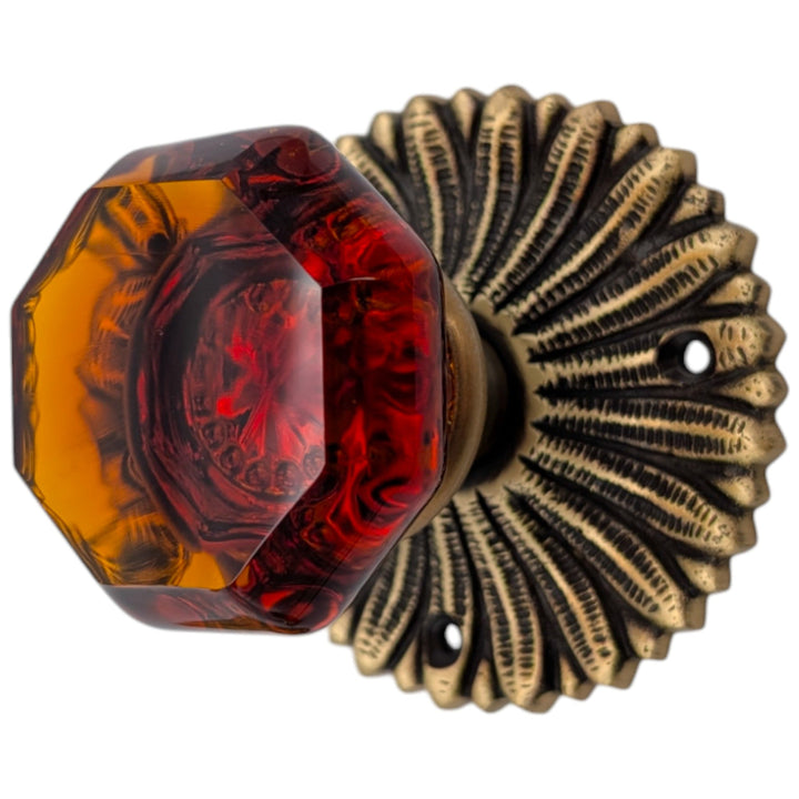 ##Antique Hardware## French Provincial Rosette Door Set with Amber Glass Octagon Door Knobs (Several Finishes Available)