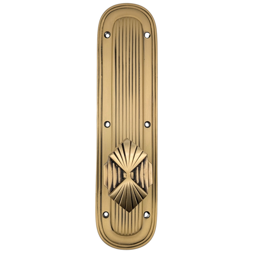 ##Antique Hardware## Art Deco Lined Backplate Door Set with Art Deco Fanfare Door Knobs (Several Finishes Available)