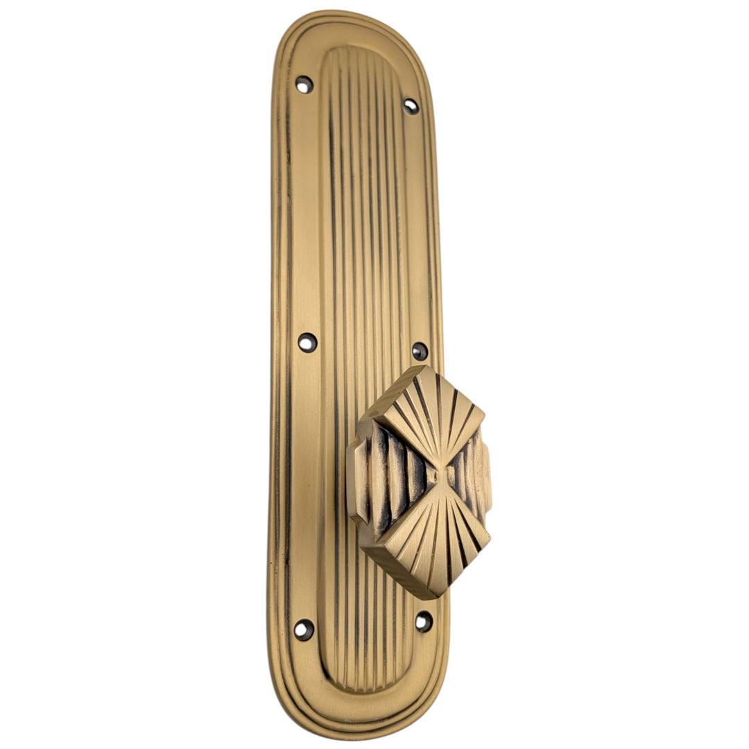##Antique Hardware## Art Deco Lined Backplate Door Set with Art Deco Fanfare Door Knobs (Several Finishes Available)