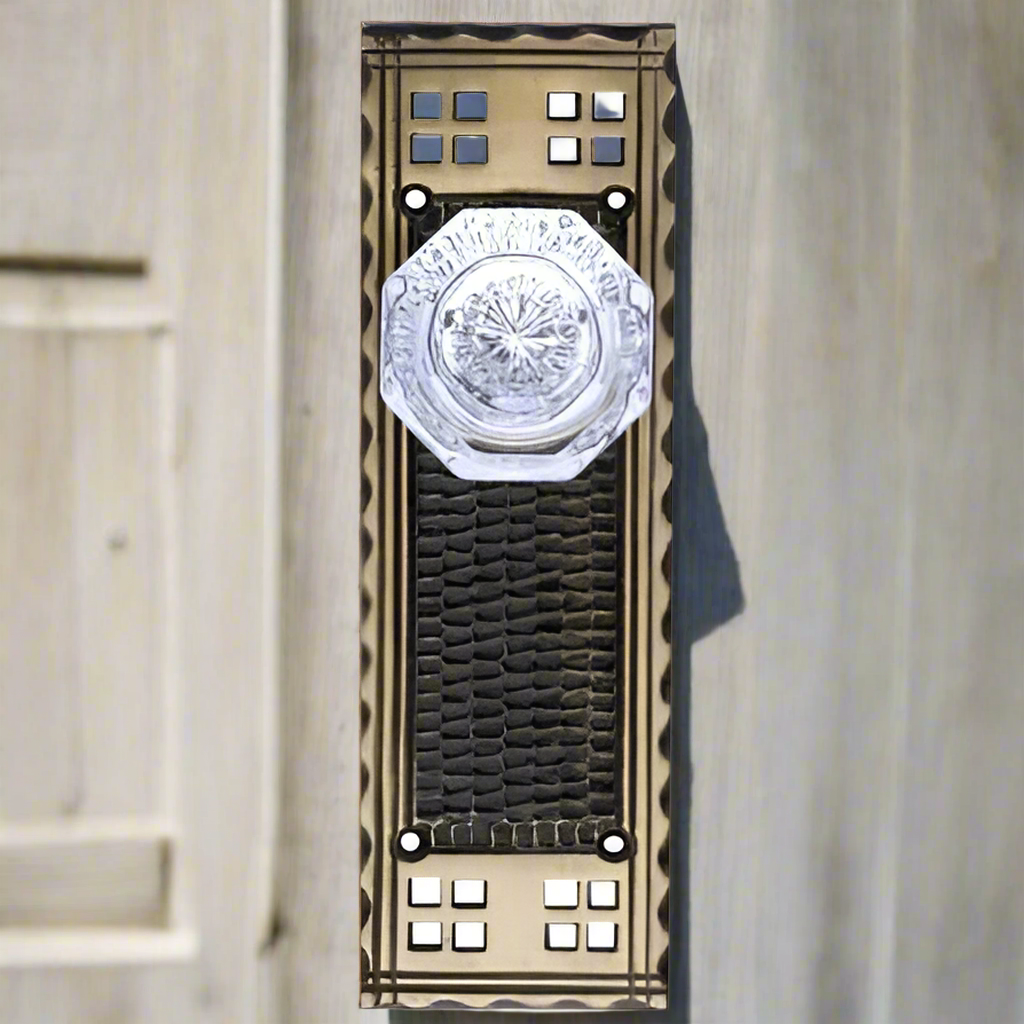 ##Antique Hardware## Arts & Crafts Backplate Door Set with Octagon Crystal Door Knobs (Several Finishes Available)