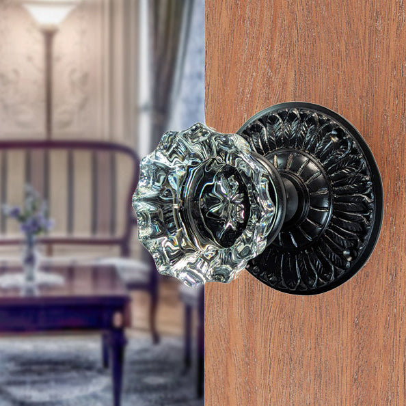 ##Antique Hardware## Feather Rosette Door Set with Fluted Crystal Door Knobs (Several Finishes Available)
